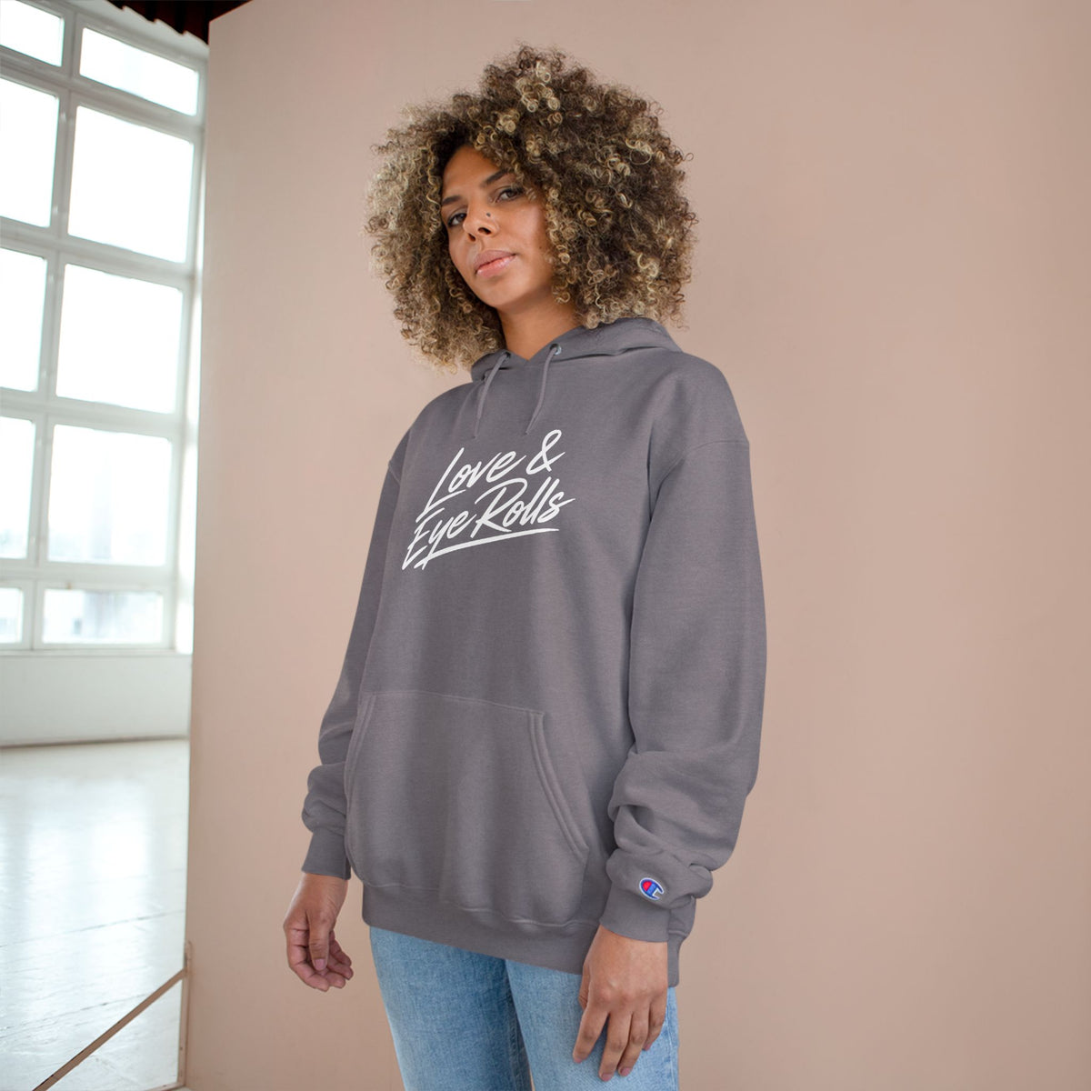 Love & Eye Rolls Champion Hoodie | Script Logo Sweatshirt | Funny Gift for Couples