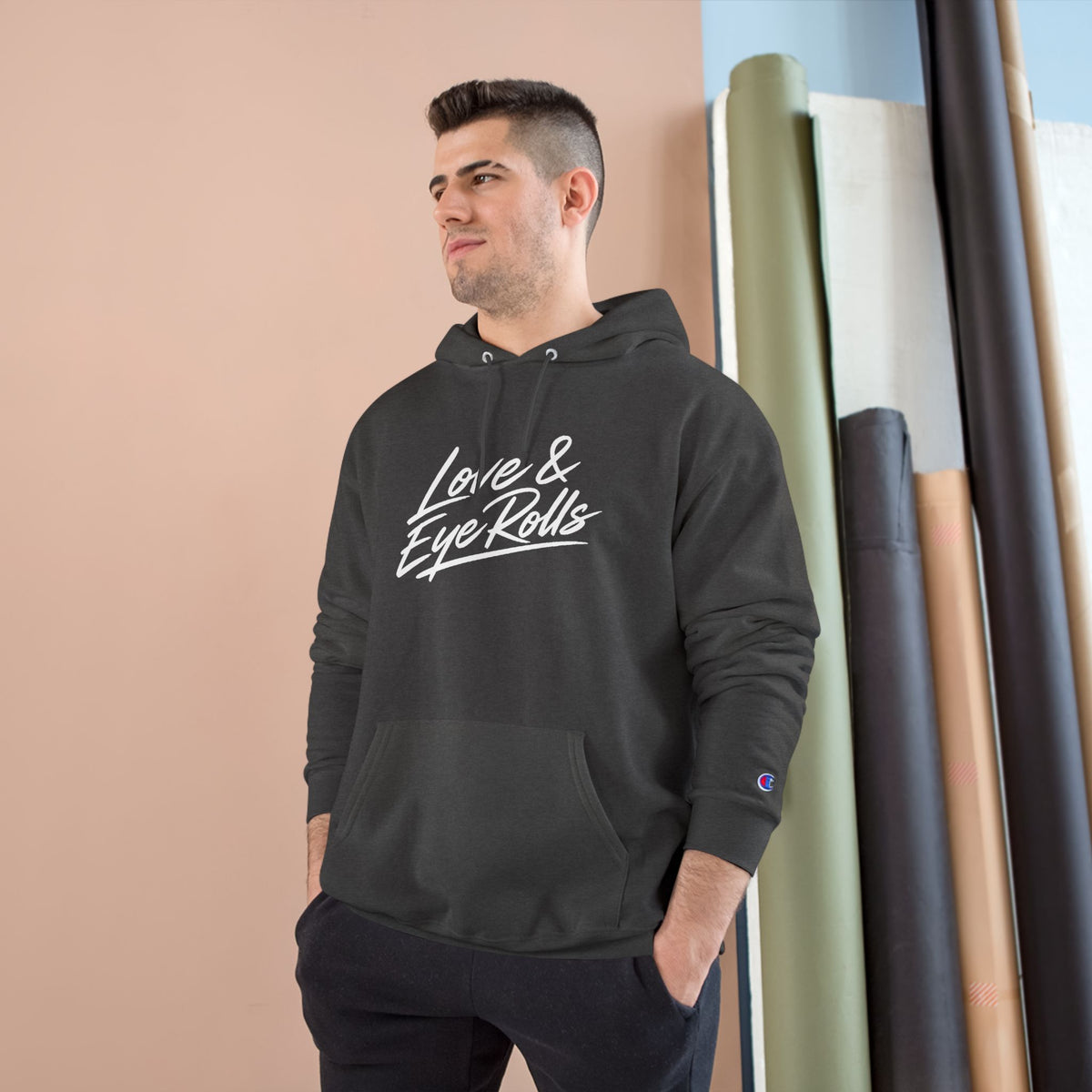 Love & Eye Rolls Champion Hoodie | Script Logo Sweatshirt | Funny Gift for Couples
