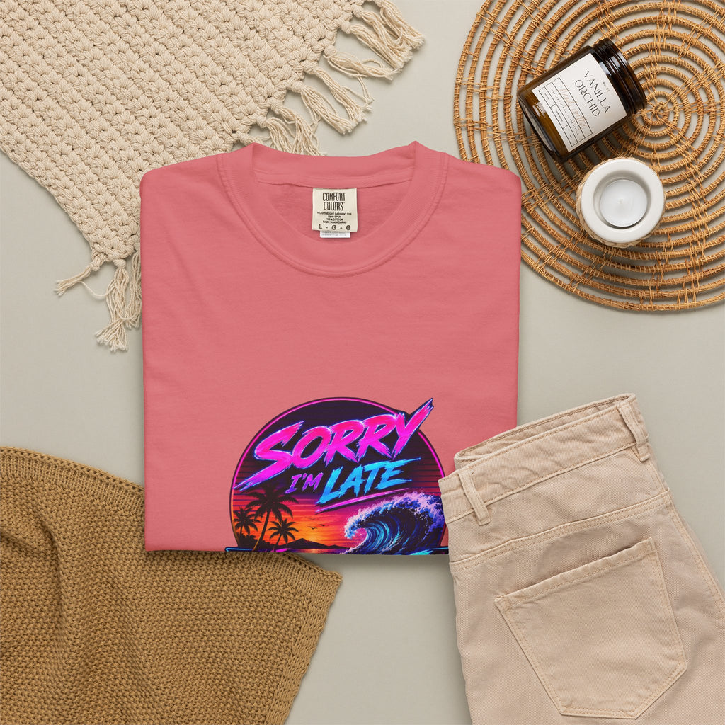 Sorry I'm Late, The Waves Were Better Than You Retro Neon T-Shirt | Funny Synthwave Surf Tee | Gift for Surfers