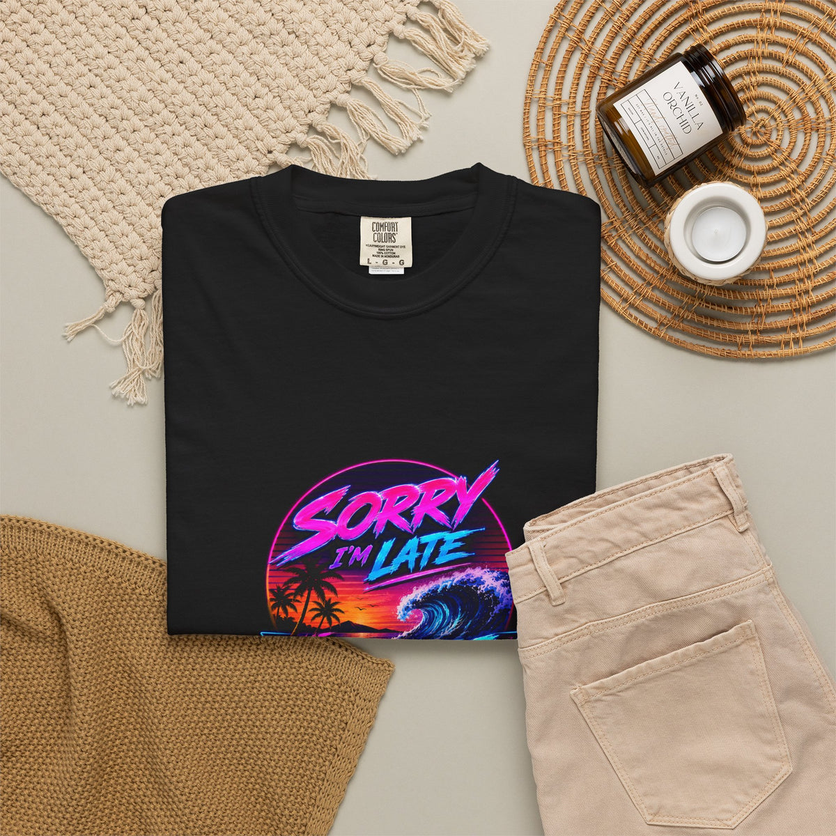 Sorry I'm Late, The Waves Were Better Than You Retro Neon T-Shirt | Funny Synthwave Surf Tee | Gift for Surfers