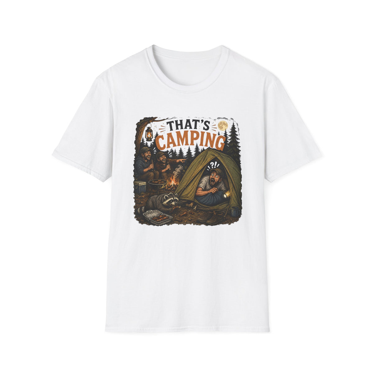 White t-shirt with a full-color vintage camping scene and the words That's Camping