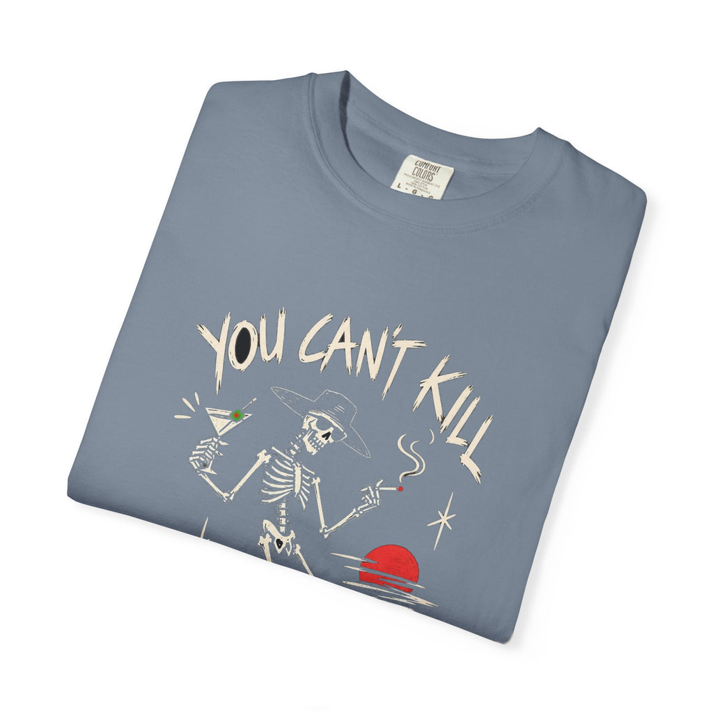 You Can't Kill What's Already Dead T-Shirt | Funny Skeleton Martini Tee | Dark Humor Graphic Shirt