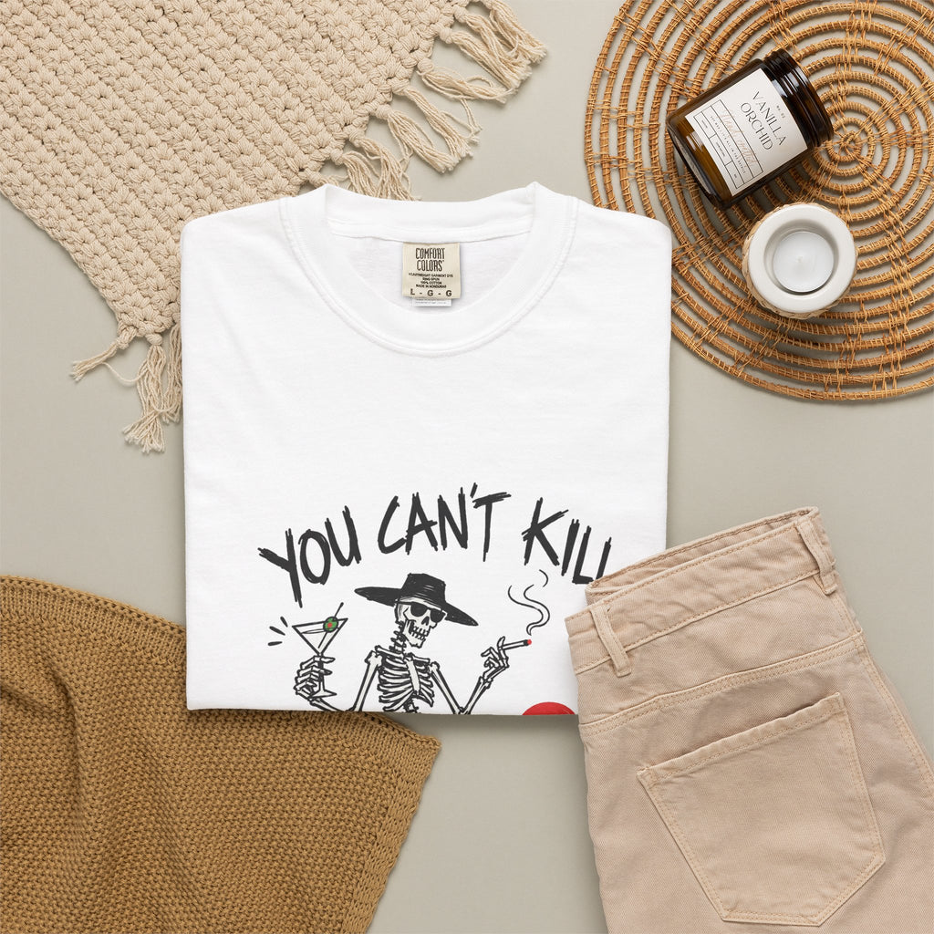 You Can't Kill What's Already Dead T-Shirt | Funny Skeleton Martini Tee | Dark Humor Graphic Shirt
