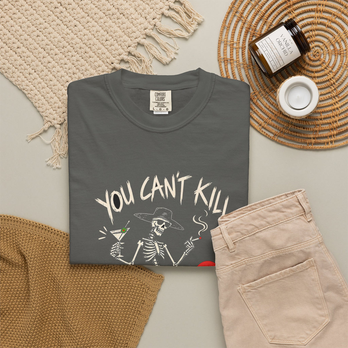 You Can't Kill What's Already Dead T-Shirt | Funny Skeleton Martini Tee | Dark Humor Graphic Shirt