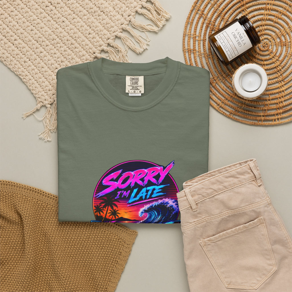 Sorry I'm Late, The Waves Were Better Than You Retro Neon T-Shirt | Funny Synthwave Surf Tee | Gift for Surfers