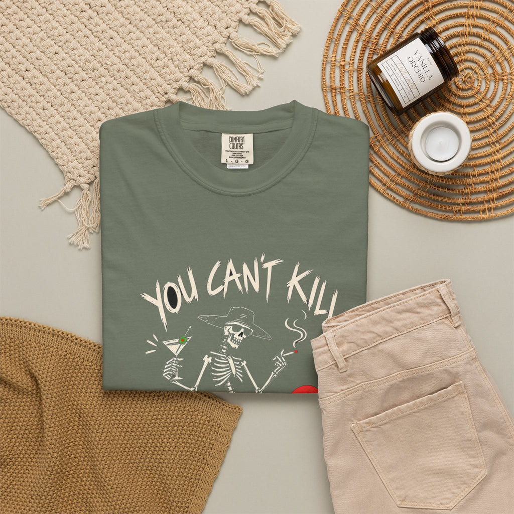 You Can't Kill What's Already Dead T-Shirt | Funny Skeleton Martini Tee | Dark Humor Graphic Shirt