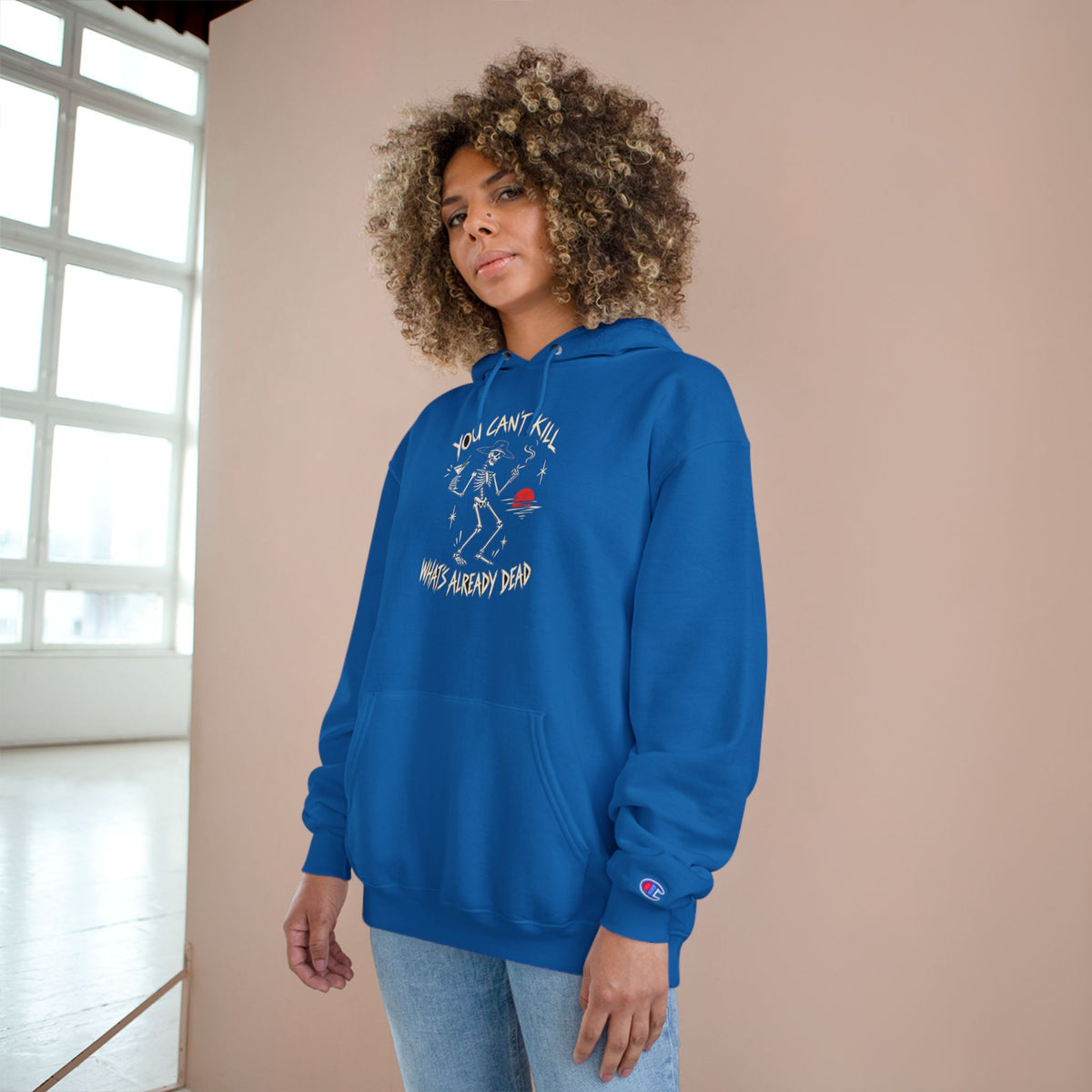 You Can't Kill What's Already Dead Champion Hoodie | Funny Skeleton Martini Sweatshirt