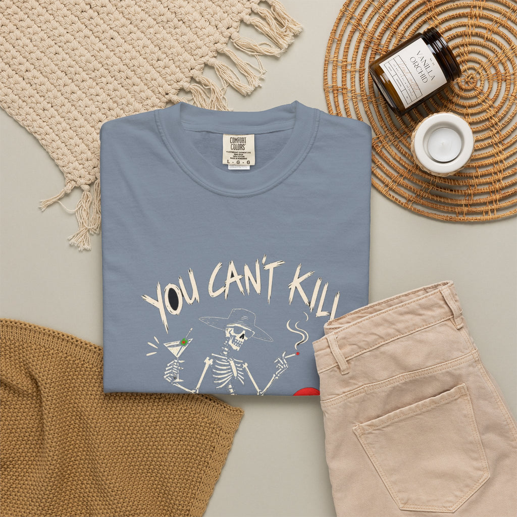 You Can't Kill What's Already Dead T-Shirt | Funny Skeleton Martini Tee | Dark Humor Graphic Shirt