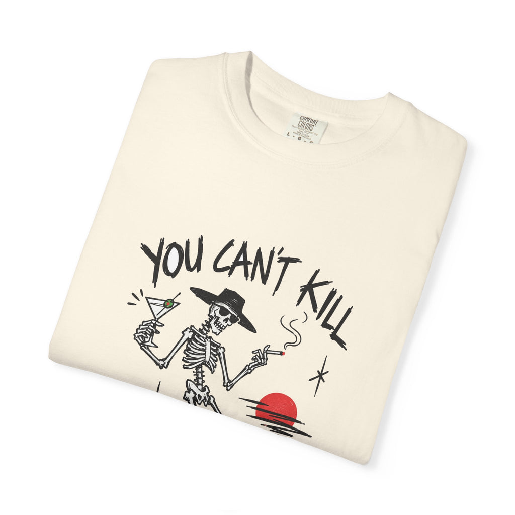 You Can't Kill What's Already Dead T-Shirt | Funny Skeleton Martini Tee | Dark Humor Graphic Shirt
