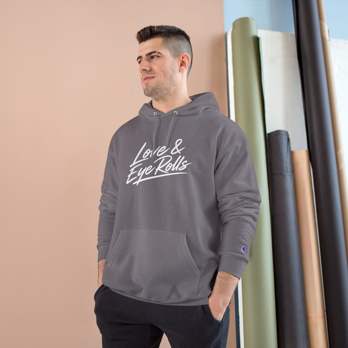 Love & Eye Rolls Champion Hoodie | Script Logo Sweatshirt | Funny Gift for Couples