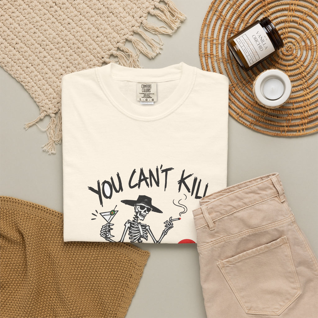 You Can't Kill What's Already Dead T-Shirt | Funny Skeleton Martini Tee | Dark Humor Graphic Shirt