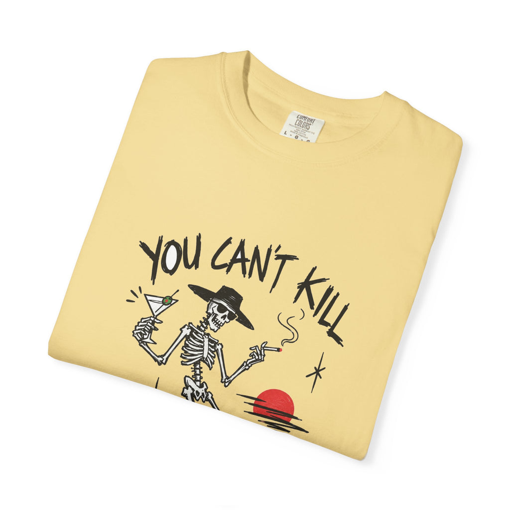 You Can't Kill What's Already Dead T-Shirt | Funny Skeleton Martini Tee | Dark Humor Graphic Shirt
