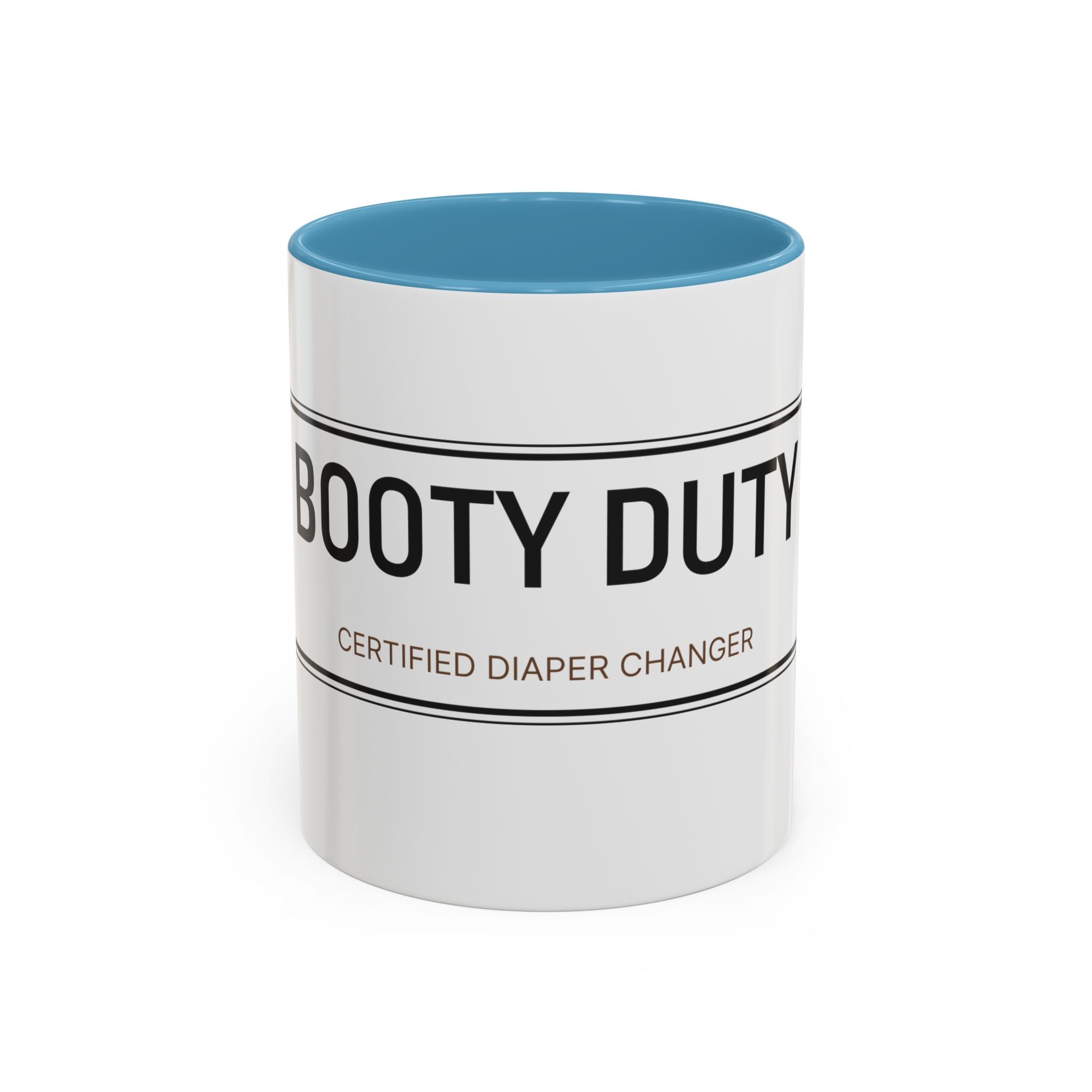 Booty Duty: Certified Diaper Changer Mug | Funny New Mom & Dad Gift | Accent Ceramic Mug (11oz & 15oz)