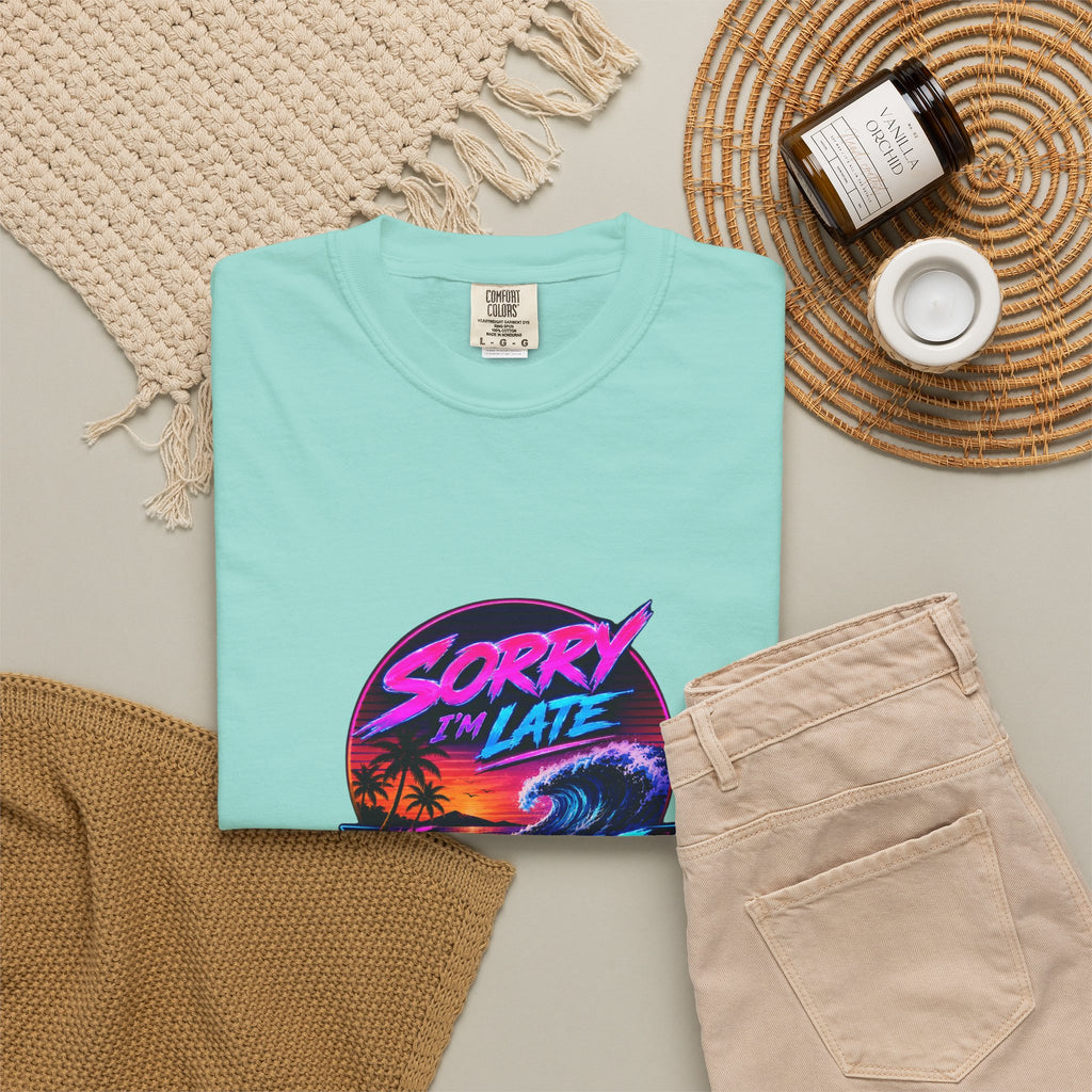 Sorry I'm Late, The Waves Were Better Than You Retro Neon T-Shirt | Funny Synthwave Surf Tee | Gift for Surfers