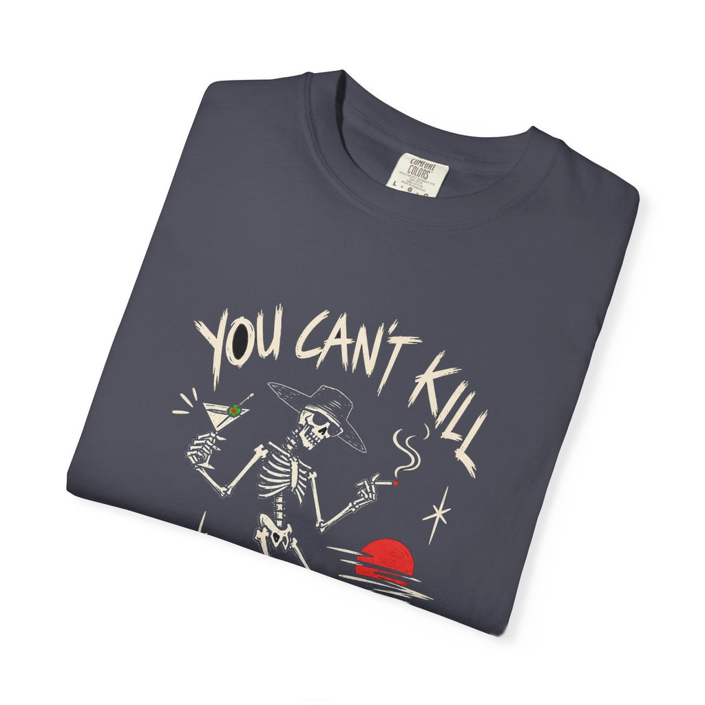 You Can't Kill What's Already Dead T-Shirt | Funny Skeleton Martini Tee | Dark Humor Graphic Shirt