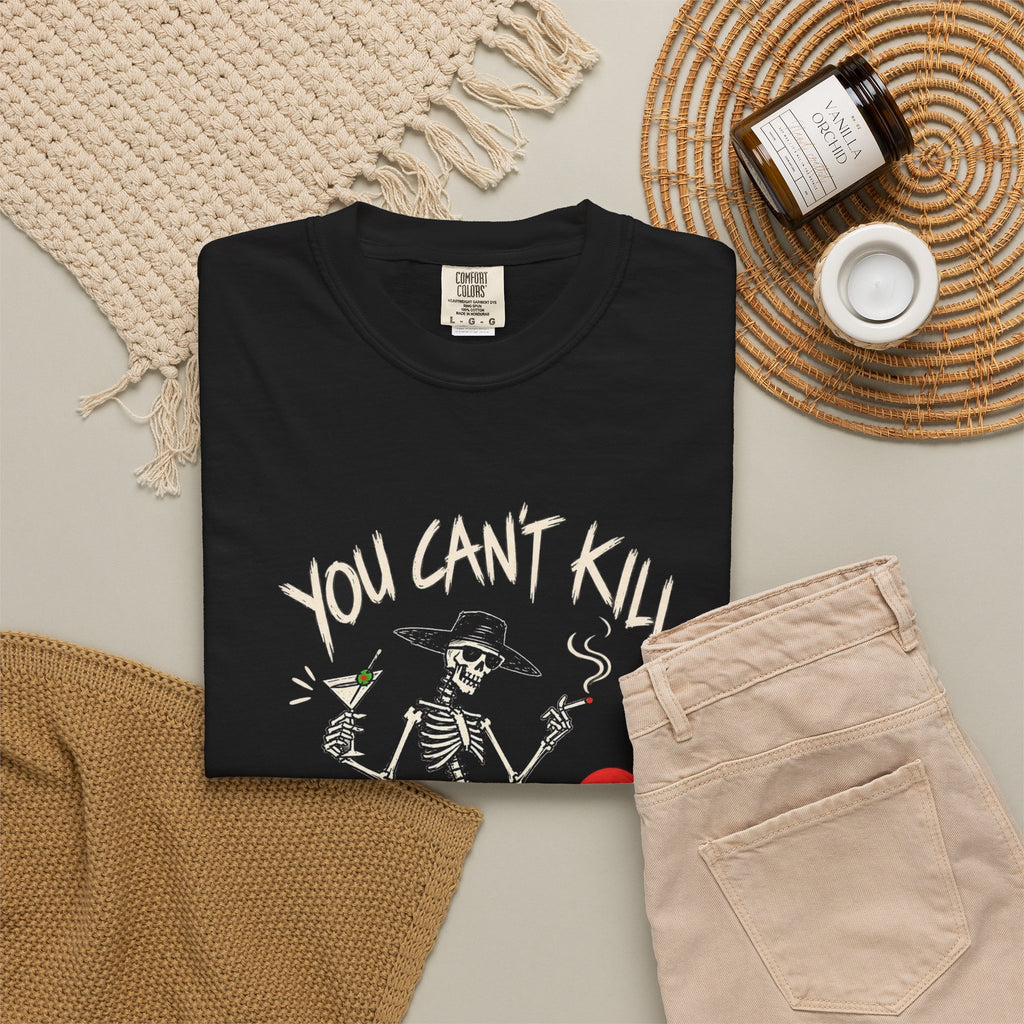 You Can't Kill What's Already Dead T-Shirt | Funny Skeleton Martini Tee | Dark Humor Graphic Shirt