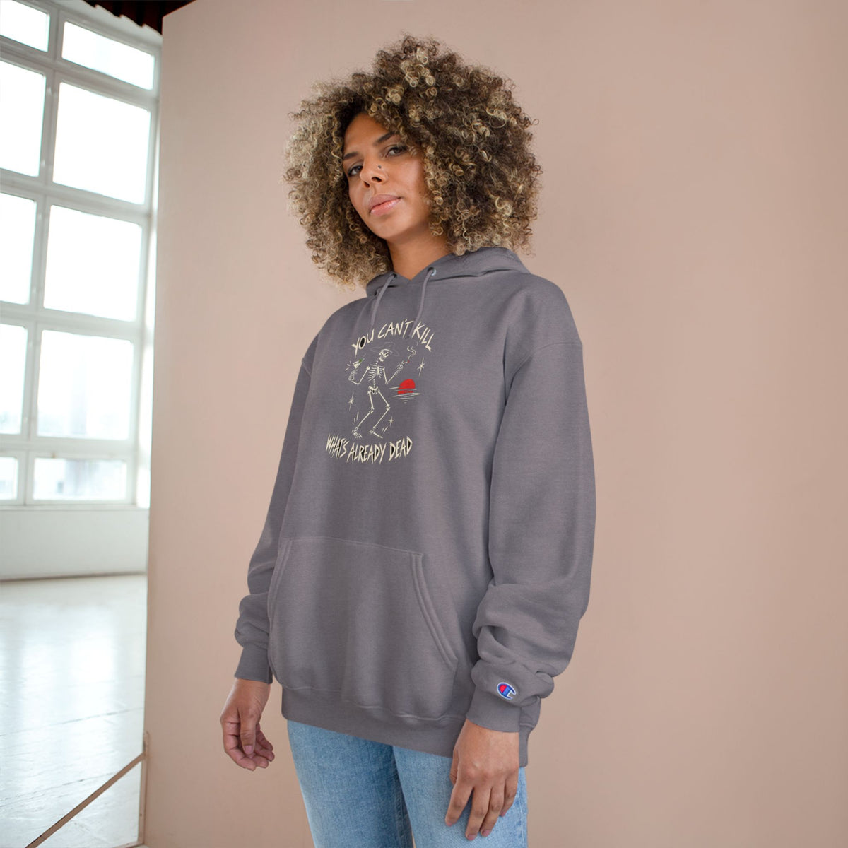 You Can't Kill What's Already Dead Champion Hoodie | Funny Skeleton Martini Sweatshirt