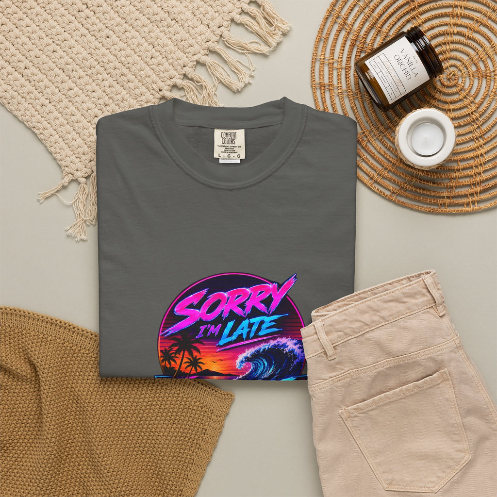 Sorry I'm Late, The Waves Were Better Than You Retro Neon T-Shirt | Funny Synthwave Surf Tee | Gift for Surfers