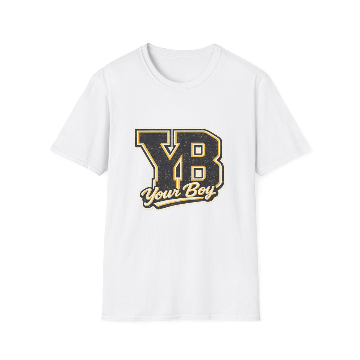White t-shirt with a varsity-style YB emblem and Your Boy script in black and gold