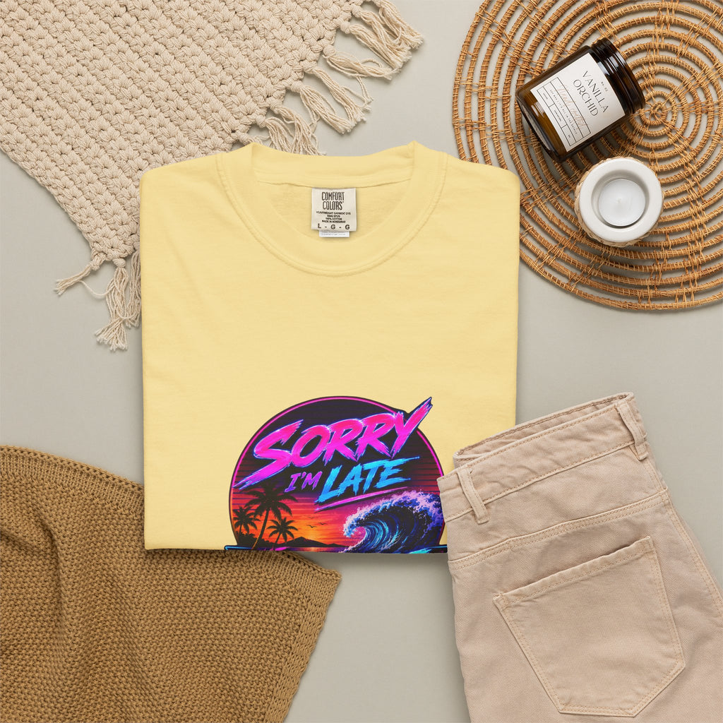 Sorry I'm Late, The Waves Were Better Than You Retro Neon T-Shirt | Funny Synthwave Surf Tee | Gift for Surfers