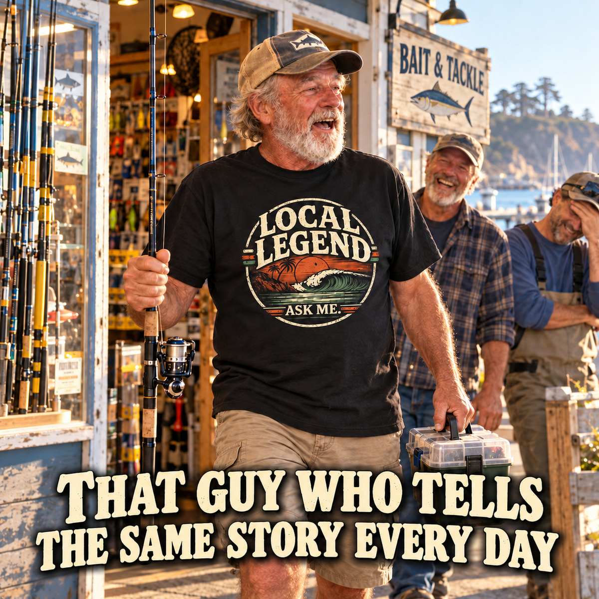 Local Legend Ask Me Shirt lifestyle photo outside a bait and tackle shop, text overlay THAT GUY WHO TELLS THE SAME STORY EVERY DAY