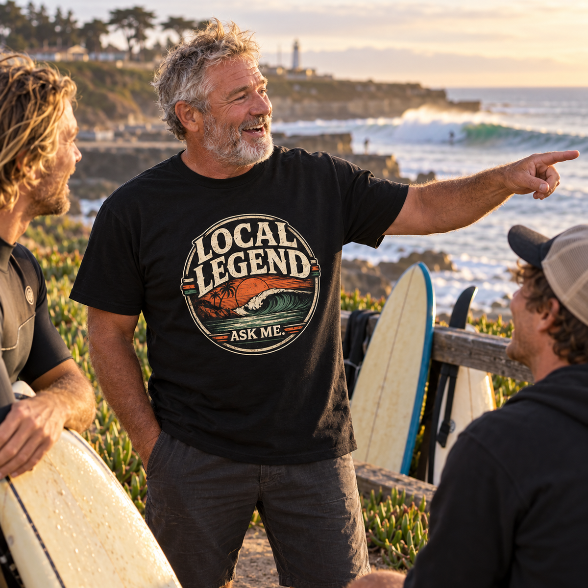 Local Legend Ask Me Shirt lifestyle photo on a beach bluff with surfboards